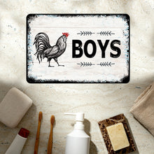 Load image into Gallery viewer, Boys&#39; Bathroom Metal Sign displayed in a rustic bathroom setting with natural stone accents, adding a charming farmhouse touch.
