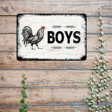 Load image into Gallery viewer, Boys&#39; Bathroom Metal Sign displayed in a rustic bathroom setting with natural stone accents, adding a charming farmhouse touch.
