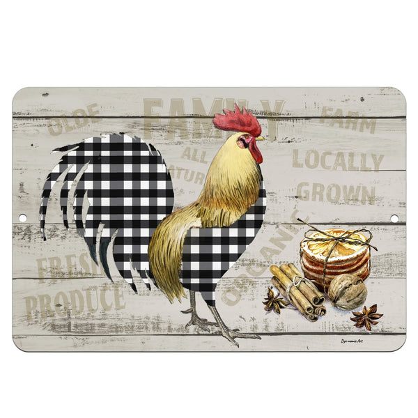 Dyenamic Art Buffalo Check Rooster Metal Sign – Rustic farmhouse wall art featuring a black-and-white buffalo plaid rooster on a distressed wooden background. Perfect for kitchen or country home decor.