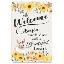 Load image into Gallery viewer, Dyenamic Art Bunny Rabbit Welcome Metal Sign – Charming floral design with a rabbit, yellow flowers, and an inspirational quote.
