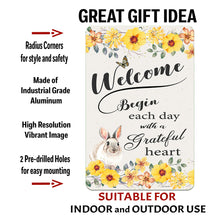 Load image into Gallery viewer, Bunny Rabbit Welcome Metal Sign with text overlay highlighting durable metal, high-resolution print, and pre-drilled holes.
