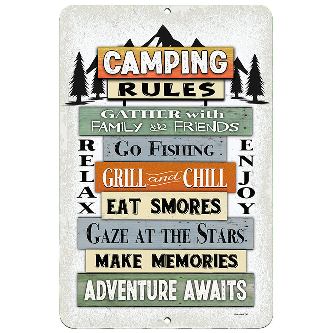 Camping Rules Adventure Awaits Metal Sign – Rustic wood-style background with fun camping-inspired sayings, ideal for RVs, cabins, and outdoor enthusiasts.