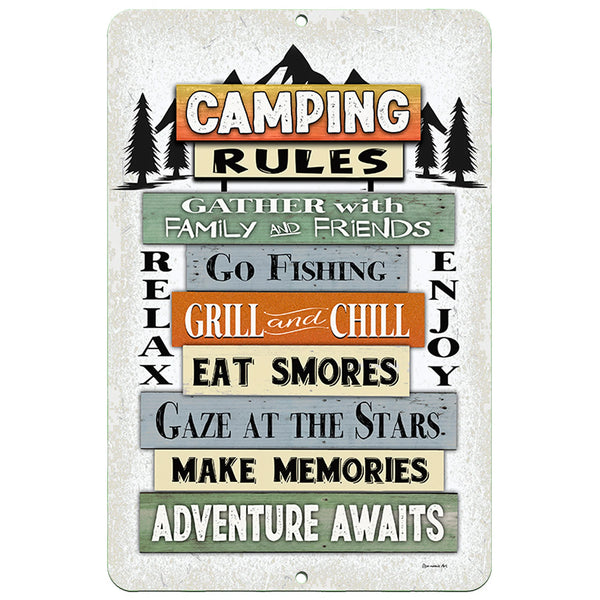 Camping Rules Adventure Awaits Metal Sign – Rustic wood-style background with fun camping-inspired sayings, ideal for RVs, cabins, and outdoor enthusiasts.