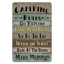 Load image into Gallery viewer, Camping Rules Metal Sign – Rustic green and brown wood-look background with outdoor-themed quotes, perfect for RVs, cabins, and campsites by Dyenamic Art.
