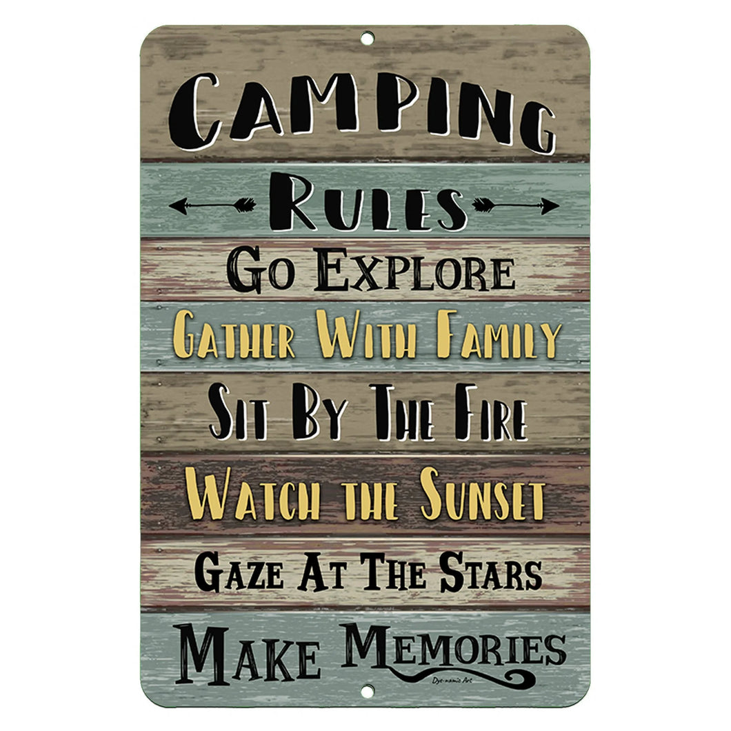 Camping Rules Metal Sign – Rustic green and brown wood-look background with outdoor-themed quotes, perfect for RVs, cabins, and campsites by Dyenamic Art.