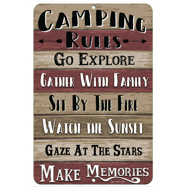Camping Rules Metal Sign – Decorative camper sign with fun outdoor adventure sayings, ideal for RVs, cabins, and camping enthusiasts by Dyenamic Art.