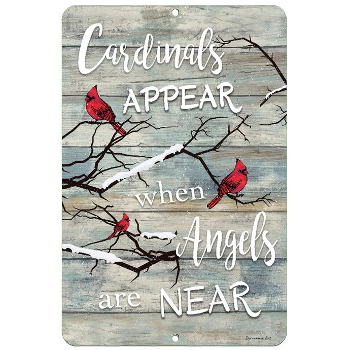 Cardinals Appear When Angels Are Near Metal Sign – Inspirational memorial wall decor with red cardinals on snowy branches against a rustic wood background.