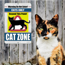 Load image into Gallery viewer, Cat Zone warning metal sign with a calico cat in the foreground. Funny sign for cat lovers.
