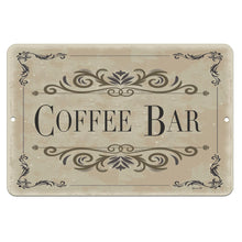 Load image into Gallery viewer, Dyenamic Art Coffee Bar Metal Sign – Vintage-style coffee decor with an ornate brown design, featuring decorative flourishes and an elegant distressed background. A classy touch for coffee bars and kitchen walls.
