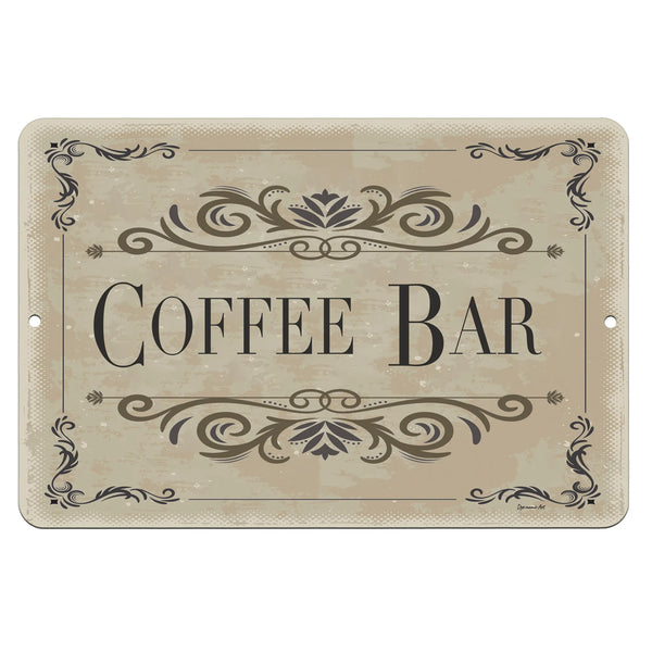 Dyenamic Art Coffee Bar Metal Sign – Vintage-style coffee decor with an ornate brown design, featuring decorative flourishes and an elegant distressed background. A classy touch for coffee bars and kitchen walls.