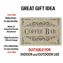 Load image into Gallery viewer, Dyenamic Art Coffee Bar Sign with text overlay highlighting its durable aluminum construction, pre-drilled holes for easy hanging, and high-resolution print for indoor and outdoor use.
