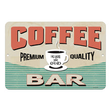 Load image into Gallery viewer, Dyenamic Art Retro Coffee Bar Metal Sign – A nostalgic coffee shop sign with bold typography, a steaming coffee cup, and a vintage-inspired teal and beige color scheme. A perfect decor piece for home coffee stations and cafes.
