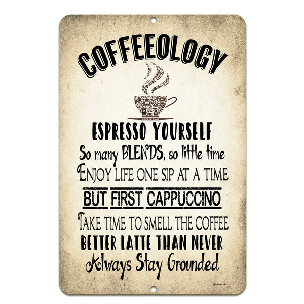 Dyenamic Art Coffeeology Metal Sign – Vintage-inspired coffee sign with a distressed beige background and playful typography featuring fun coffee puns like "Espresso Yourself" and "But First Cappuccino." A perfect accent for coffee lovers and kitchen decor.