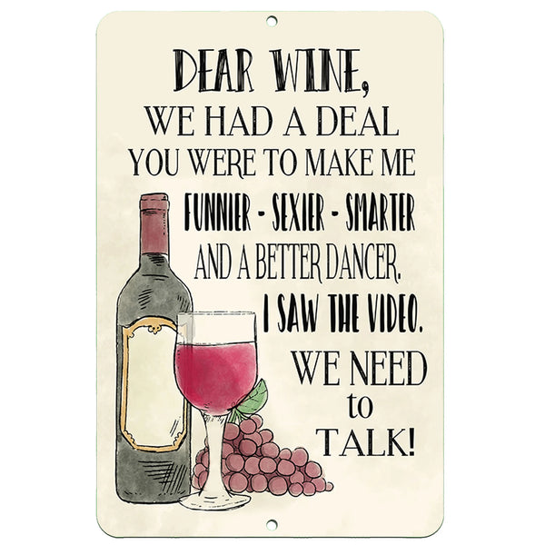 Dear Wine Funny Metal Bar Sign by Dyenamic Art – Vintage-inspired wine humor wall art with a playful message about wine’s "promises." Ideal for wine bars, kitchens, and dining rooms.