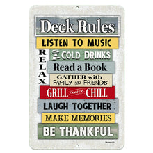 Load image into Gallery viewer, The Dyenamic Art Deck Rules metal sign featuring an eye-catching stacked wooden plank design, listing fun outdoor activities like &quot;Grill and Chill&quot; and &quot;Make Memories,&quot; crafted on durable metal.
