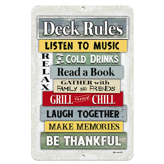 The Dyenamic Art Deck Rules metal sign featuring an eye-catching stacked wooden plank design, listing fun outdoor activities like 