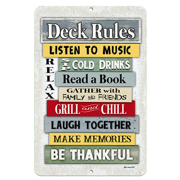 The Dyenamic Art Deck Rules metal sign featuring an eye-catching stacked wooden plank design, listing fun outdoor activities like "Grill and Chill" and "Make Memories," crafted on durable metal.