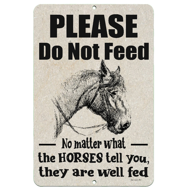 Dyenamic Art Please Do Not Feed the Horses Metal Sign – Rustic farmhouse warning sign with a vintage horse illustration, cautioning visitors that the horses are well-fed.