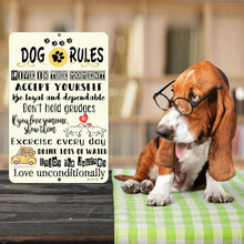 Load image into Gallery viewer, Dog Rules Metal Sign – Fun and uplifting pet-themed wall art displayed in a cozy home setting, perfect for dog lovers and pet-friendly spaces.
