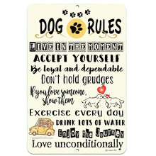 Load image into Gallery viewer, Dyenamic Art Dog Rules Metal Sign – Inspirational pet quote wall art with fun dog-themed life lessons, perfect for pet lovers and home décor.
