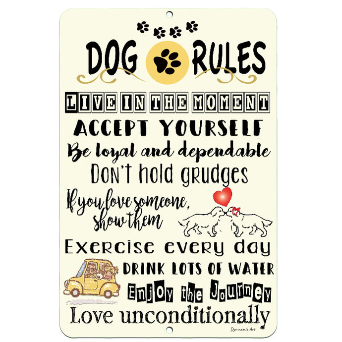 Dyenamic Art Dog Rules Metal Sign – Inspirational pet quote wall art with fun dog-themed life lessons, perfect for pet lovers and home décor.