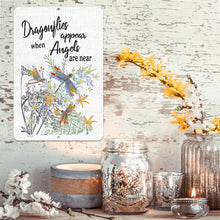 Load image into Gallery viewer, Dyenamic Art Dragonfly Garden Sign displayed indoors on a rustic wooden background with candles and yellow flowers.
