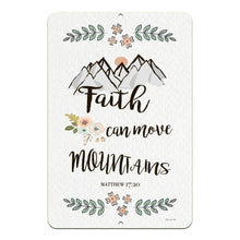 Load image into Gallery viewer, Faith Can Move Mountains Metal Sign – Boho Christian wall decor with floral accents, mountain illustration, and Matthew 17:20 scripture verse.
