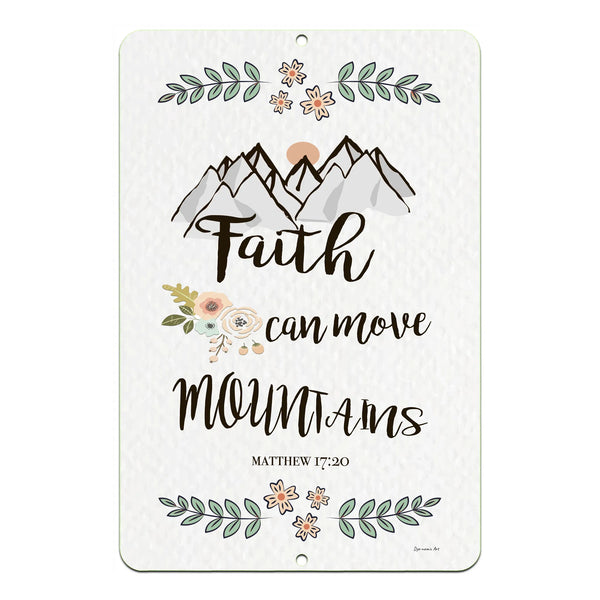 Faith Can Move Mountains Metal Sign – Boho Christian wall decor with floral accents, mountain illustration, and Matthew 17:20 scripture verse.