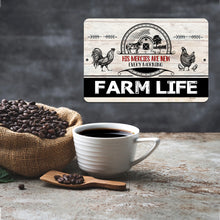 Load image into Gallery viewer, Detailed close-up of the Farm Life Metal Sign, showcasing intricate vintage illustrations of farm animals, bold typography, and a distressed wood-style background.
