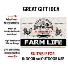 Load image into Gallery viewer, Dyenamic Art Farm Life Sign with text overlay highlighting its durable aluminum construction, pre-drilled holes for easy mounting, and high-resolution print suitable for indoor and outdoor use.
