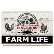 Load image into Gallery viewer, Dyenamic Art Farm Life Inspirational Metal Sign – Rustic farmhouse sign featuring a vintage-style barn, roosters, hens, and the Bible verse "His Mercies Are New Every Morning." A perfect faith-based country decor piece.
