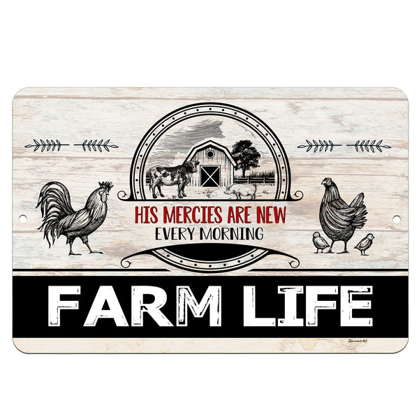 Dyenamic Art Farm Life Inspirational Metal Sign – Rustic farmhouse sign featuring a vintage-style barn, roosters, hens, and the Bible verse "His Mercies Are New Every Morning." A perfect faith-based country decor piece.