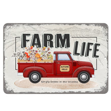 Load image into Gallery viewer, Dyenamic Art Farm Life Metal Sign – Rustic farmhouse wall decor featuring a vintage red truck loaded with autumn flowers on a distressed beige background. A perfect country home accent.
