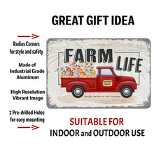 Load image into Gallery viewer, Dyenamic Art Farm Life Sign with text overlay highlighting its durable aluminum construction, weatherproof finish, high-resolution printed graphics, and pre-drilled holes for easy mounting.
