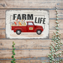 Load image into Gallery viewer, Farmhouse metal sign with a vintage red truck displayed on a rustic wooden surface, bringing nostalgic charm to country kitchens, barns, and farmhouse-style homes.
