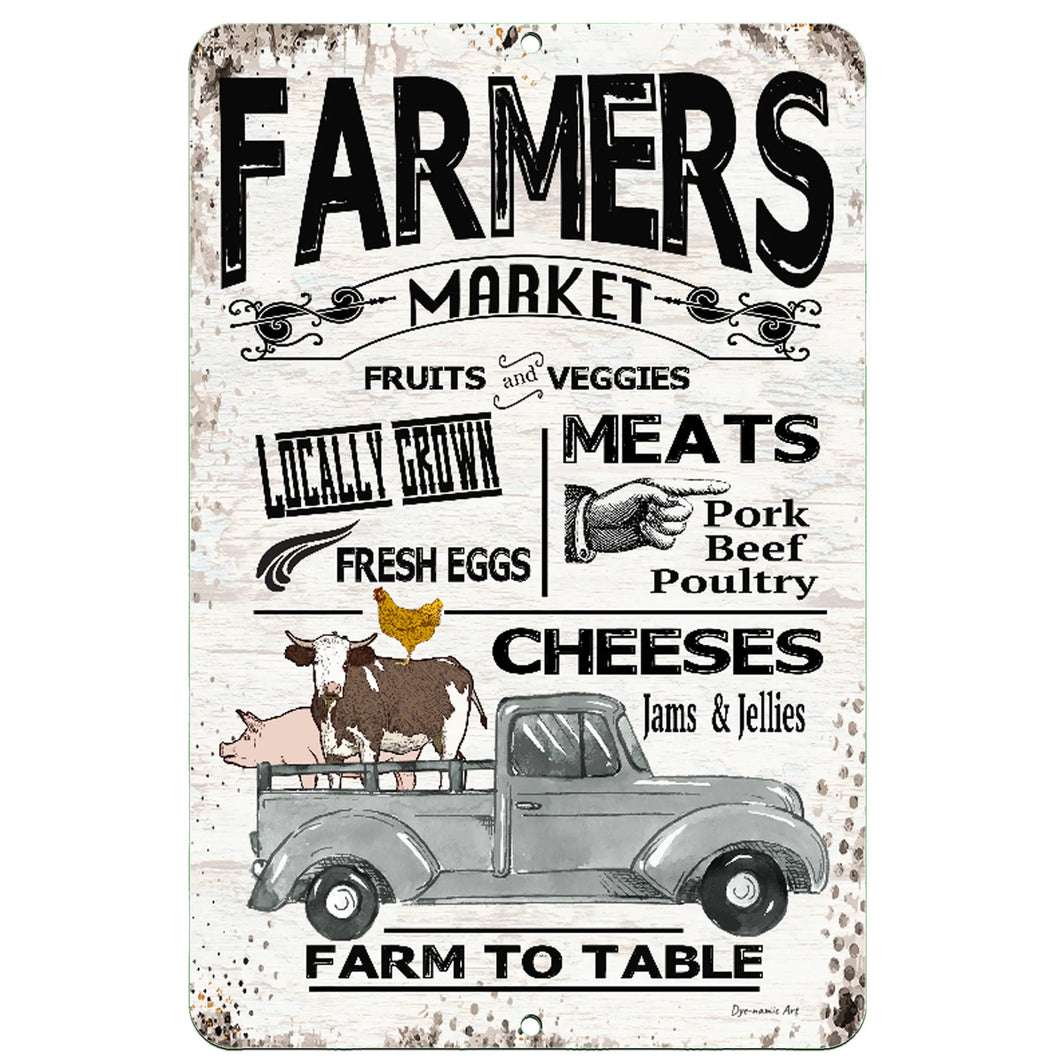 Dyenamic Art Farmers Market Metal Sign – Rustic vintage-style sign featuring a distressed white background with black typography, farm animals, and a classic truck carrying livestock. A perfect addition to farmhouse kitchens, farm stands, and rustic home decor.