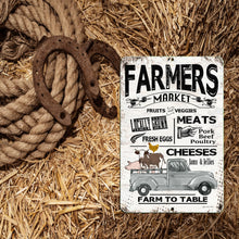 Load image into Gallery viewer, Rustic Farmers Market Metal Sign displayed on a bed of straw alongside vintage horseshoes and thick rope, evoking the authentic feel of a traditional farm setting.
