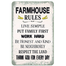 Load image into Gallery viewer, Dyenamic Art Farmhouse Rules Metal Sign – Inspirational wall decor featuring rustic typography and meaningful values like &quot;Live Simple, Work Hard, and Thank God for Every Day.&quot;
