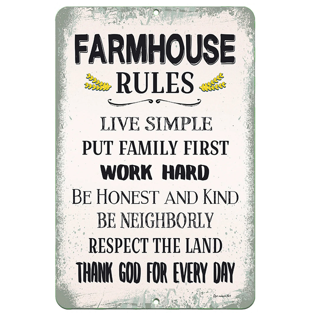 Dyenamic Art Farmhouse Rules Metal Sign – Inspirational wall decor featuring rustic typography and meaningful values like 