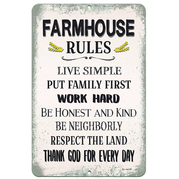 Dyenamic Art Farmhouse Rules Metal Sign – Inspirational wall decor featuring rustic typography and meaningful values like "Live Simple, Work Hard, and Thank God for Every Day."