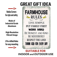 Load image into Gallery viewer, Dyenamic Art Farmhouse Rules Sign with text overlay highlighting its durable aluminum construction, vintage distressed finish, high-resolution print, and pre-drilled holes for easy mounting.
