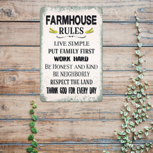 Load image into Gallery viewer, Farmhouse Rules sign displayed on a reclaimed wood background, adding a charming country touch to kitchens, living rooms, and entryways.
