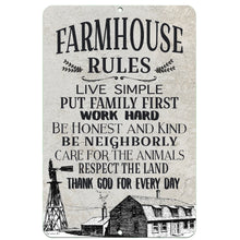 Load image into Gallery viewer, Dyenamic Art Farmhouse Rules Metal Sign – Rustic wall decor featuring timeless farm values like &quot;Work Hard, Be Honest, Respect the Land&quot; with a vintage windmill and barn illustration.
