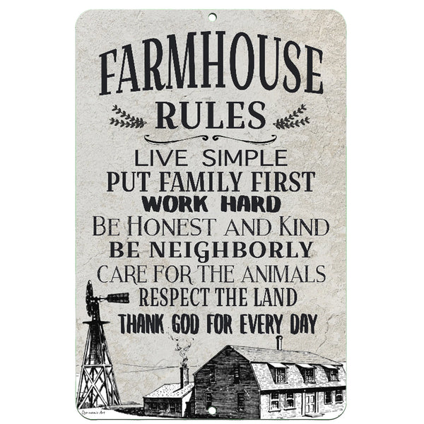 Dyenamic Art Farmhouse Rules Metal Sign – Rustic wall decor featuring timeless farm values like "Work Hard, Be Honest, Respect the Land" with a vintage windmill and barn illustration.