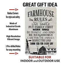 Load image into Gallery viewer, Dyenamic Art Farmhouse Rules Sign with text overlay highlighting its industrial-grade aluminum construction, weather-resistant finish, high-resolution print, and pre-drilled holes for easy mounting.
