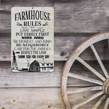 Load image into Gallery viewer, Rustic Farmhouse Rules sign mounted on a barn wall beside a vintage wagon wheel, adding nostalgic charm to farmhouses, ranches, and rural homesteads.
