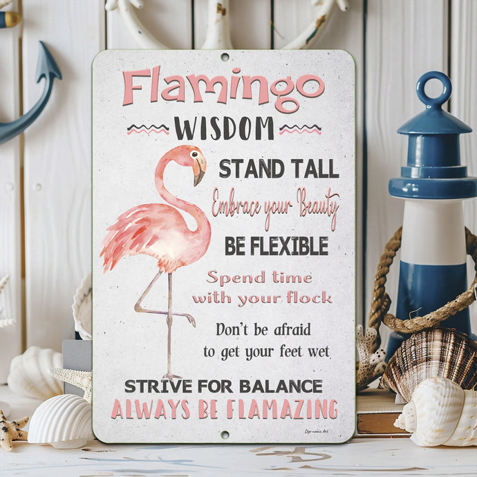 The Flamingo Wisdom sign displayed in a coastal-themed setting, surrounded by nautical decor, seashells, and ocean-inspired accents.