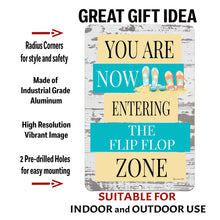 Load image into Gallery viewer, Dyenamic Art beach sign with product details, showcasing its durable aluminum construction, high-resolution print, and pre-drilled mounting holes for easy display.
