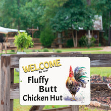 Load image into Gallery viewer, Rustic farmhouse-style metal sign with a vibrant rooster and humorous text, displayed on a wooden farm fence, adding charm to backyard chicken coops and homestead settings.
