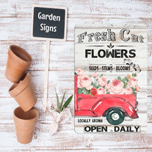 Load image into Gallery viewer, Fresh Cut Flowers Metal Sign styled with garden accessories, ideal for rustic home decor, florists, and flower lovers.
